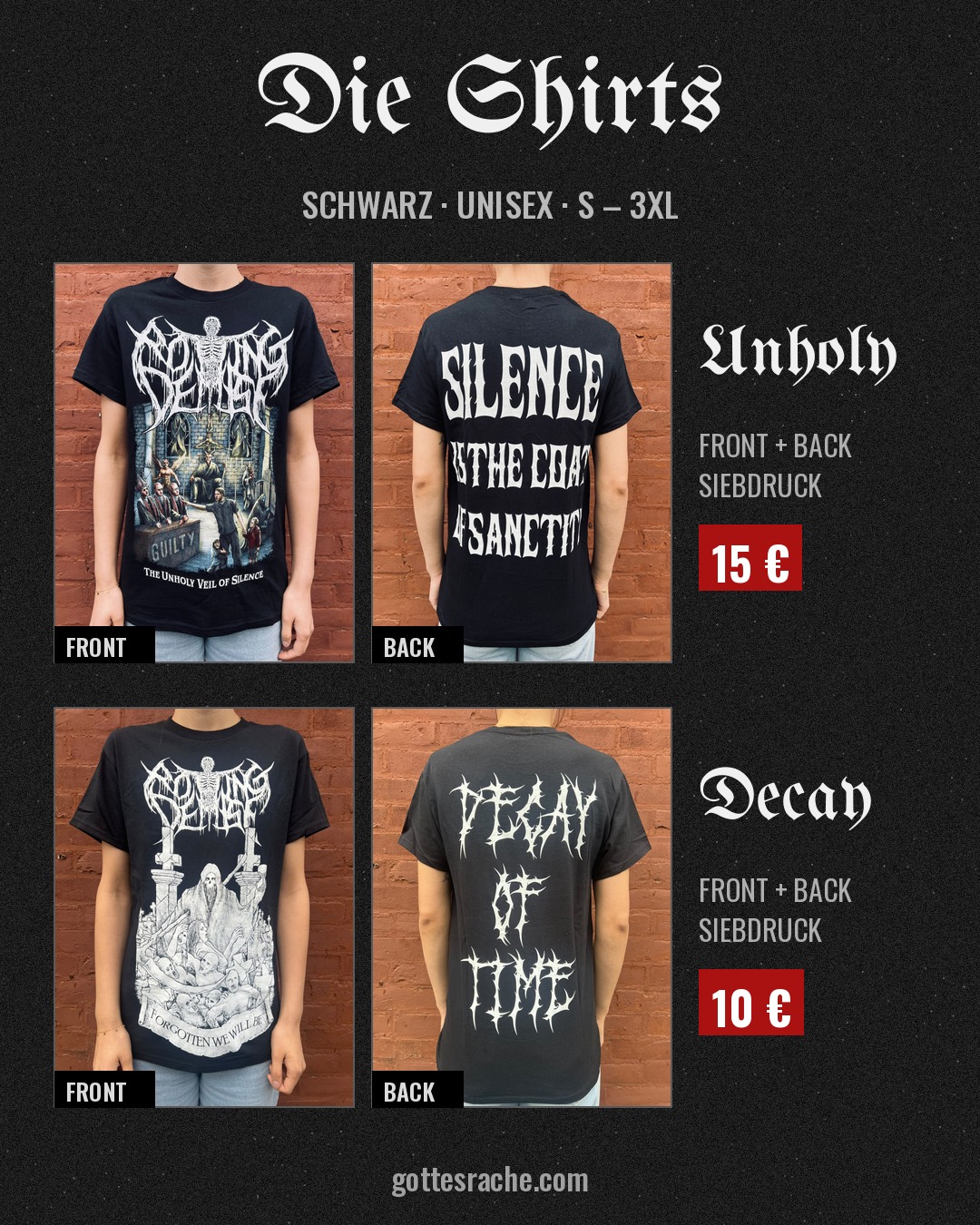 Rotting Demise – Shirts Unholy (15 €) und Decay (10 €), Front und Back