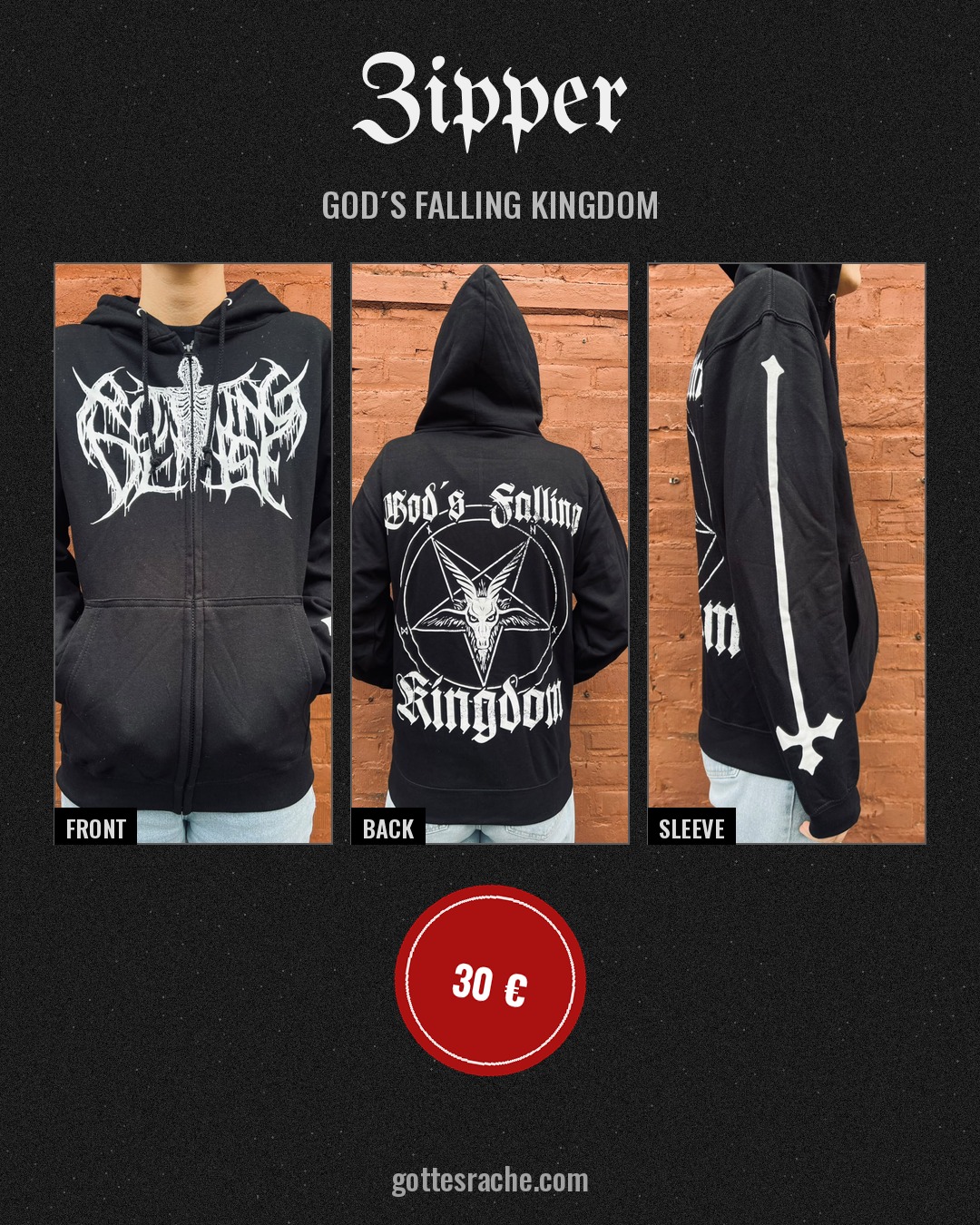 Rotting Demise – Zipper God’s Falling Kingdom mit Front-, Back- und Ärmeldruck, 30 €